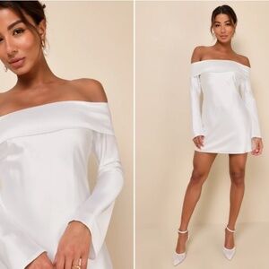 LULUS Bridal Bachelorette Engagement Bridal Shower Sexy Satin Bell Sleeve Mini
